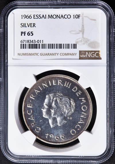 【俄甄集藏】“万象更新、马呈祥瑞”迎新春俄甄精品场-2026年(047)01-21 星期三 晚 19:30 全场包邮 - 摩纳哥1966年兰尼埃三世亲王结婚十周年5法郎精制银质样币，NGC PF65，重25克，900银，发行量只有1000枚