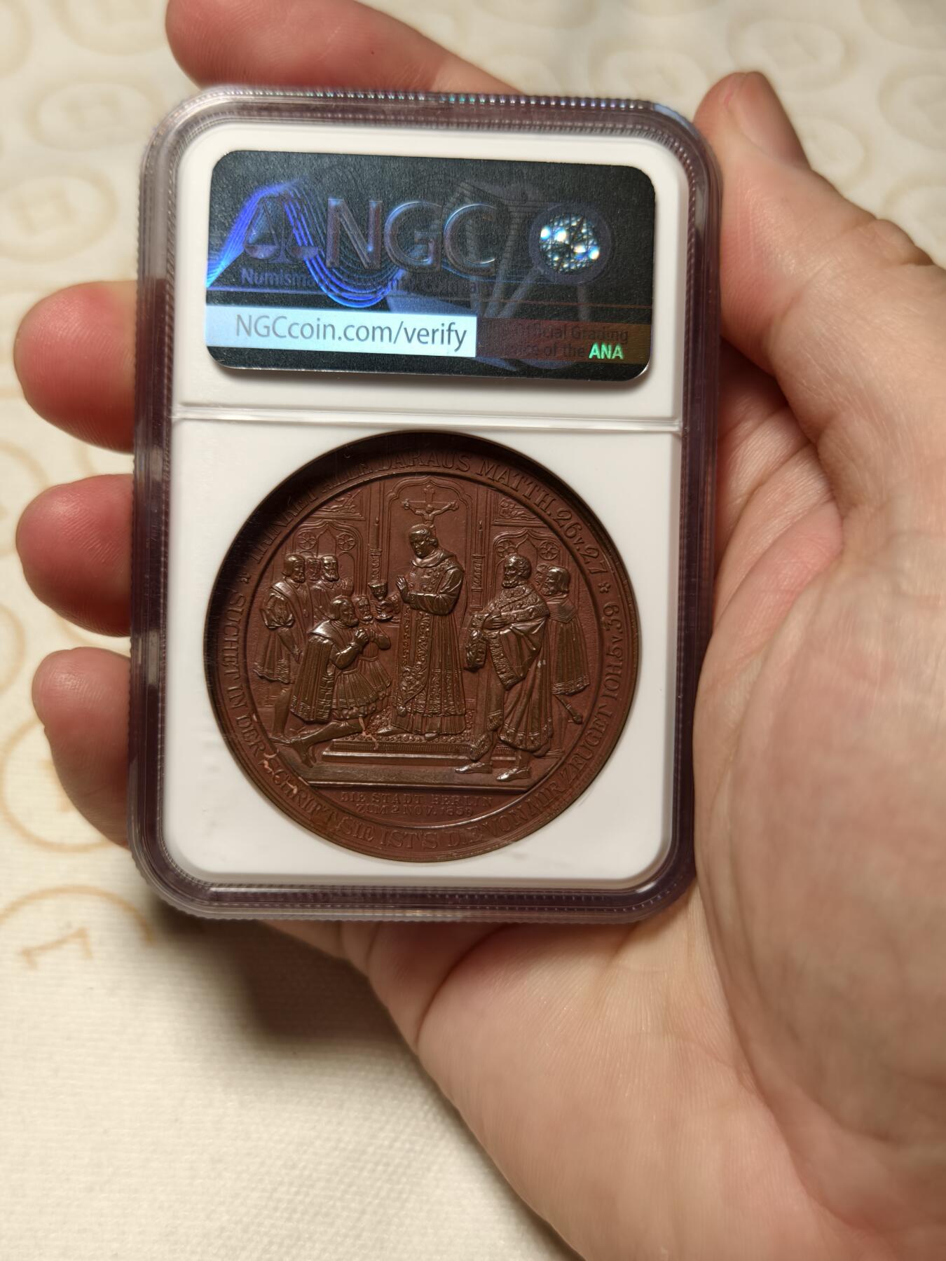 抚柳草堂-第九期章牌钱币（大寒专场） 奖章勋章限时免佣 满百包邮 放漏专场 1839 NGC MS63BN 德国年普鲁士新教改革三百年纪念铜章 加厚盒 状态一流 正面雕刻腓特烈威廉三世与约阿希姆二世
