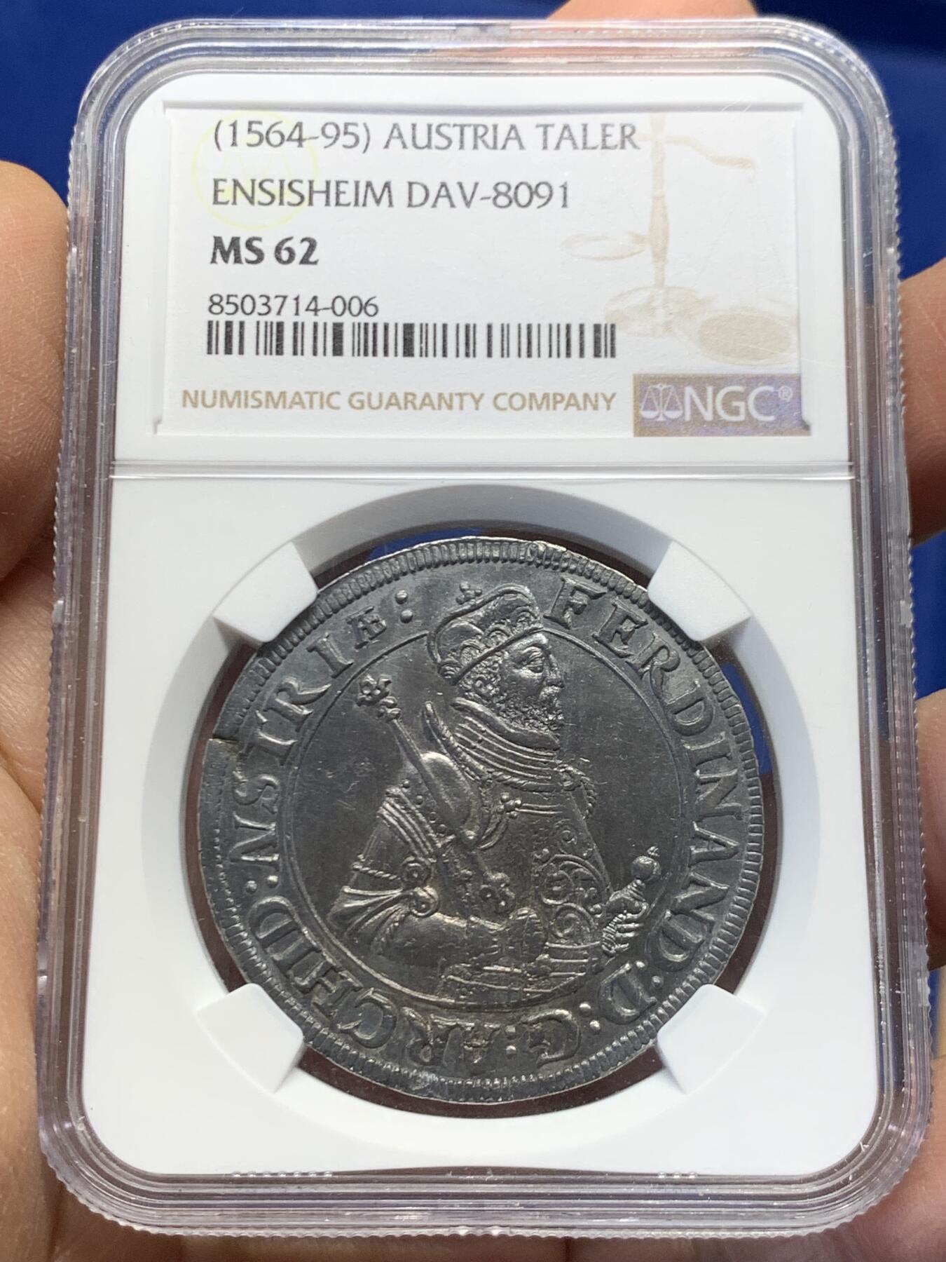 《竞宝斋》第459场 周日，周一，2场连拍 （全场包邮）欢迎送拍 NGC MS62 神圣罗马帝国 1564-95年 上阿尔萨斯陆地伯国 泰勒大银币 稀少昂西塞姆厂别 背面带双鱼图标