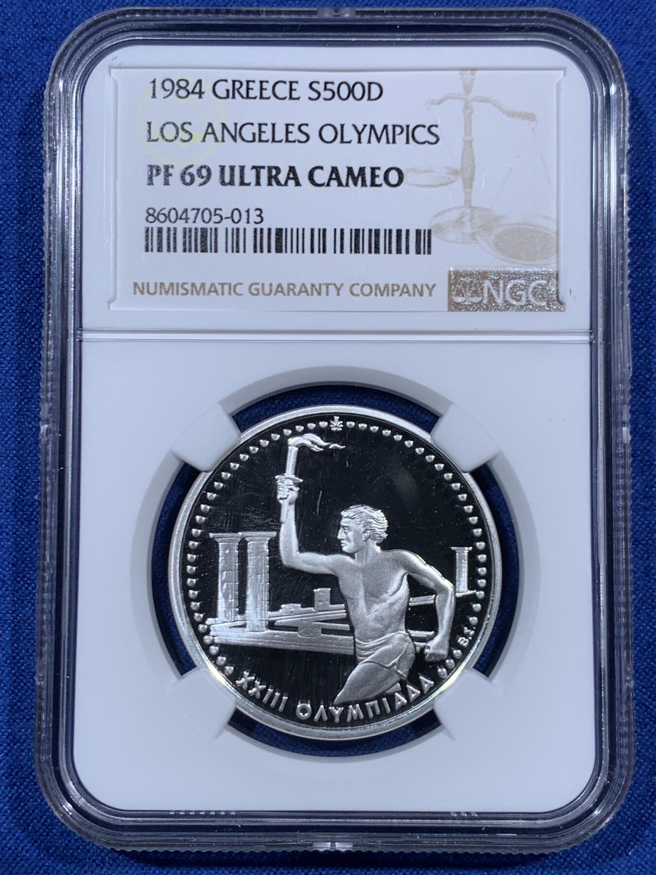 《竞宝斋》第459场 周日，周一，2场连拍 （全场包邮）欢迎送拍 亚军分 NGC PF69UC 希腊 1984年 洛杉矶 奥运费  500德拉克马 银币 带盒证