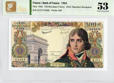 喜羊羊钱币收藏2026第13期(高性价比评级币场) - 	法国	P-144a 1963年100新法郎			53				B.274 93468			