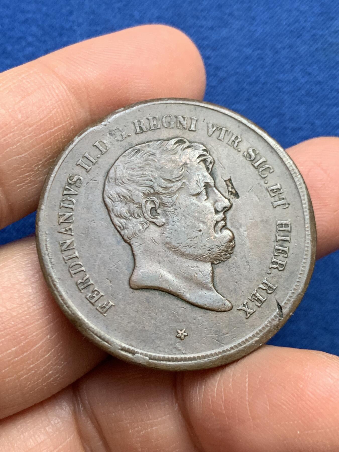 《竞宝斋》第459场 周日，周一，2场连拍 （全场包邮）欢迎送拍 意大利两西西里王国1856年费迪南德二世10托尔内西铜币