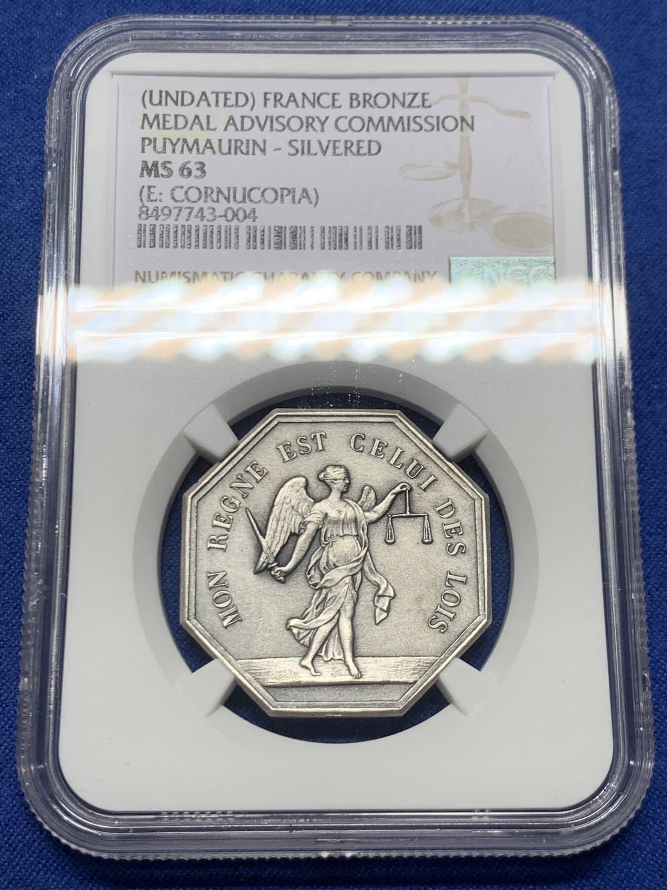 《竞宝斋》第459场 周日，周一，2场连拍 （全场包邮）欢迎送拍 NGC MS63 法国八角铜镀银代币，正面图案雕刻蒙眼女神手持天平秤和一把宝剑，刻有铭文“我的统治是法律的统治”