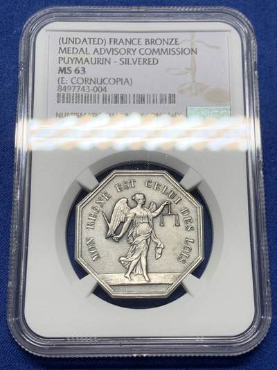《竞宝斋》第459场 周日，周一，2场连拍 （全场包邮）欢迎送拍 - NGC MS63 法国八角铜镀银代币，正面图案雕刻蒙眼女神手持天平秤和一把宝剑，刻有铭文“我的统治是法律的统治”