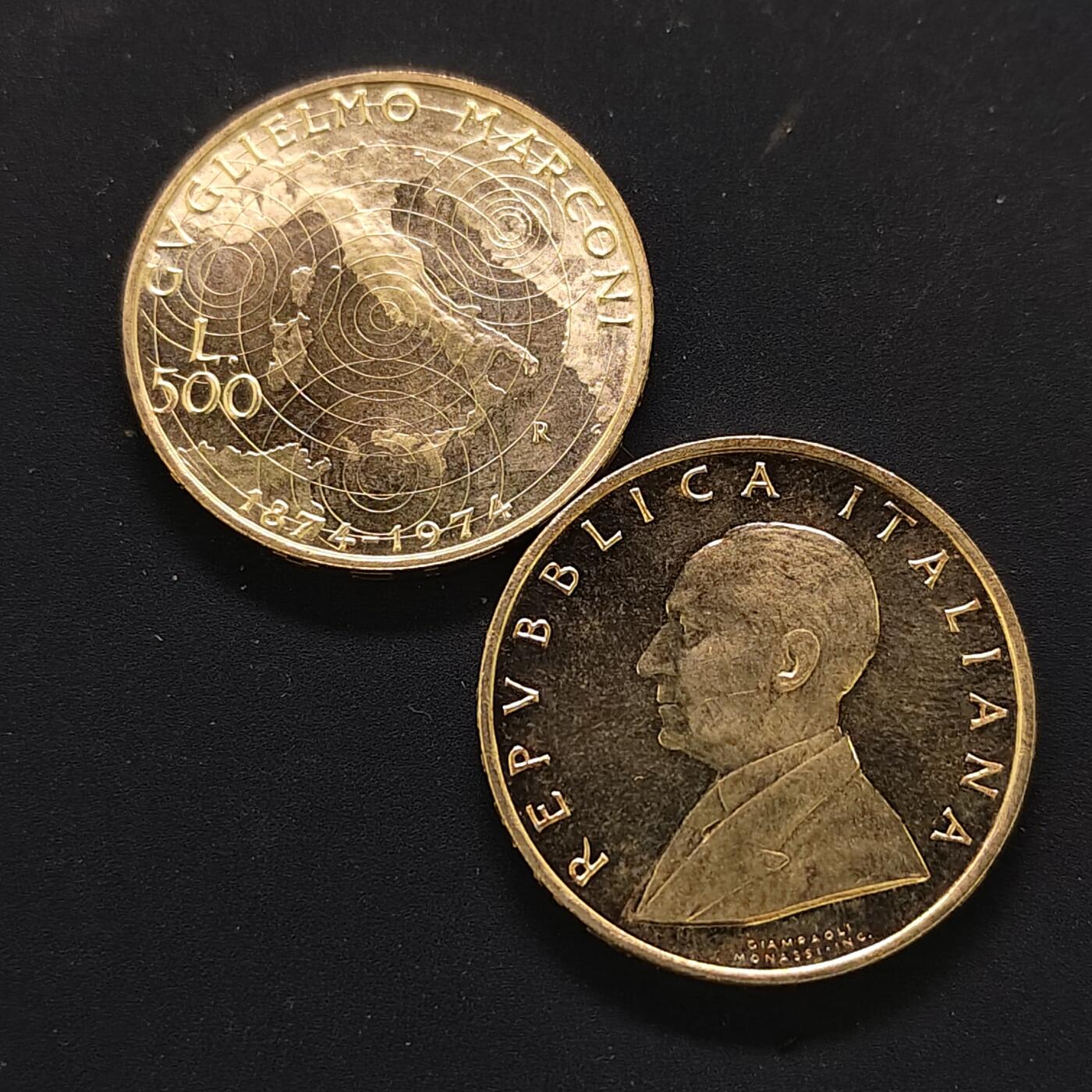 【全场包邮】纯粹捡漏拍497场-持续更新中 意大利1974年500里拉马可尼百年纪念银币2枚一组【29毫米11克83.5%X2枚】