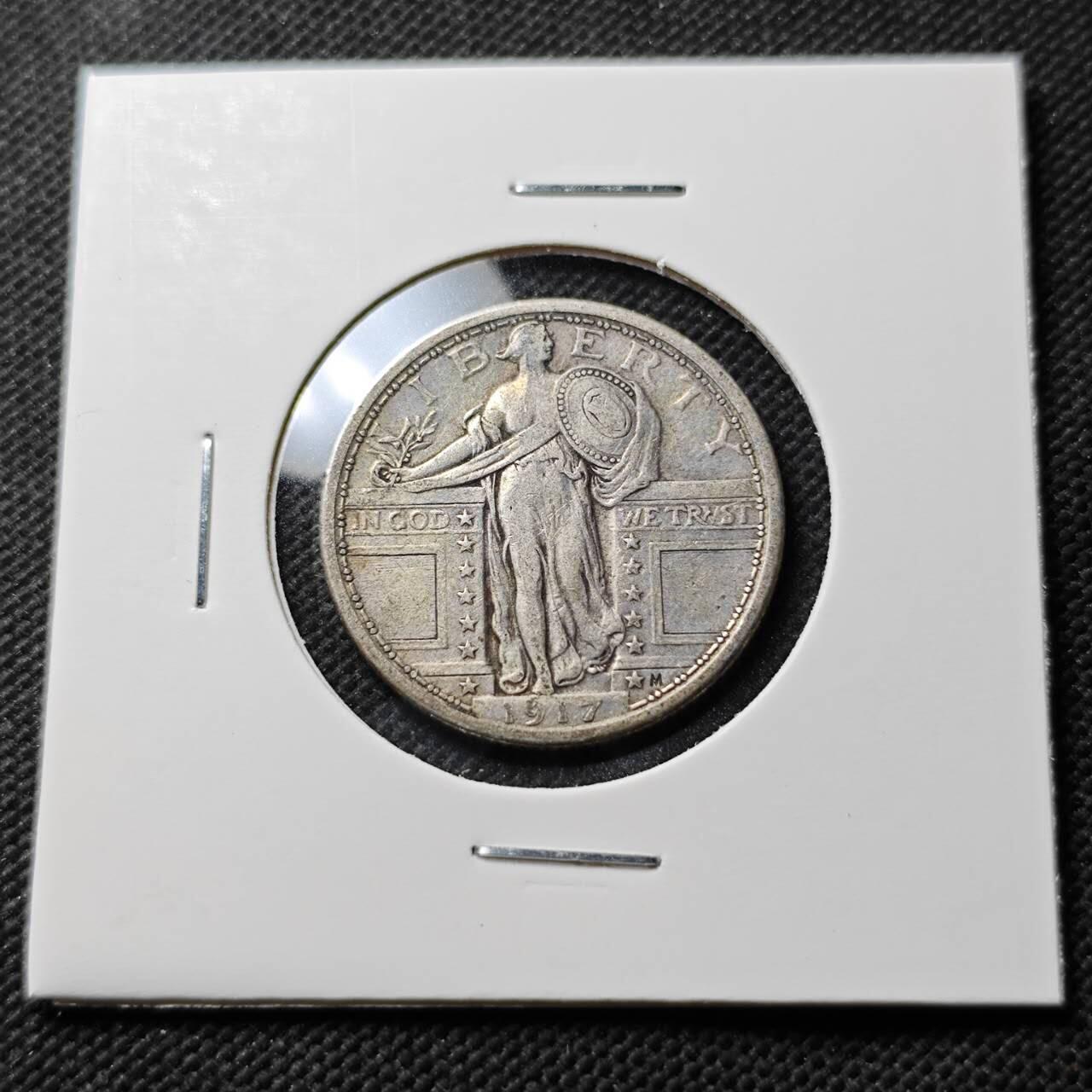 KK钱币收藏小铺  第400期  百期特拍（四拍之四）2月预留时间 周末发货  1917美国站人飞鹰25分银币 年份人脸还清楚