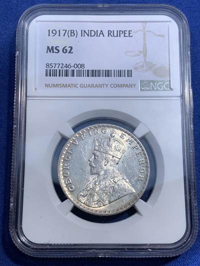 《竞宝斋》第459场 周日，周一，2场连拍 （全场包邮）欢迎送拍 - NGC MS62 英属印度1917年乔治五世1卢比银币