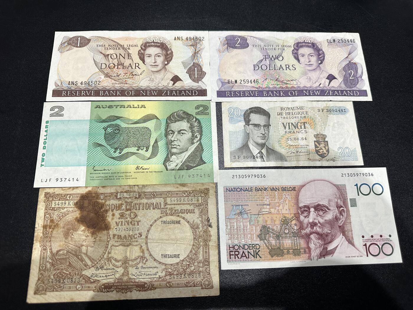 《外钞收藏家》第六百零三期（精选场）（本平台长期征集拍品、欢迎藏友们联系合作） 新西兰、澳大利亚、比利时6张一起 非全新 品相如图