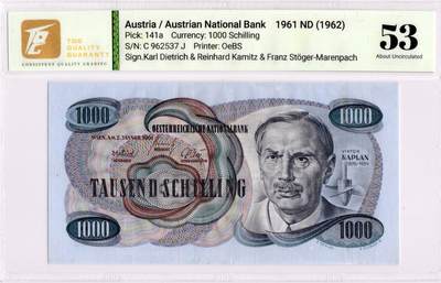 喜羊羊钱币收藏2026第13期(高性价比评级币场) - 奥地利	P-141a 1961年1000先令			53				C962537J			