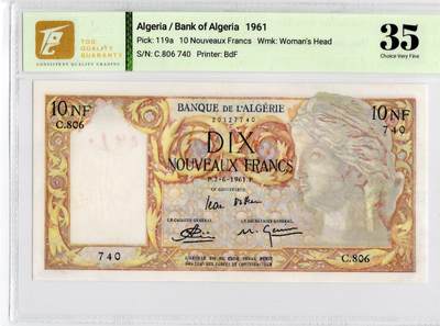 喜羊羊钱币收藏2026第13期(高性价比评级币场) - 阿尔及利亚	P-119a 1961年10新法郎	35				C.806 740			