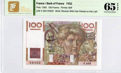 喜羊羊钱币收藏2026第14期(评级币场) - 	法国	P-128d 1952年100法郎		65E				F.469 59305			