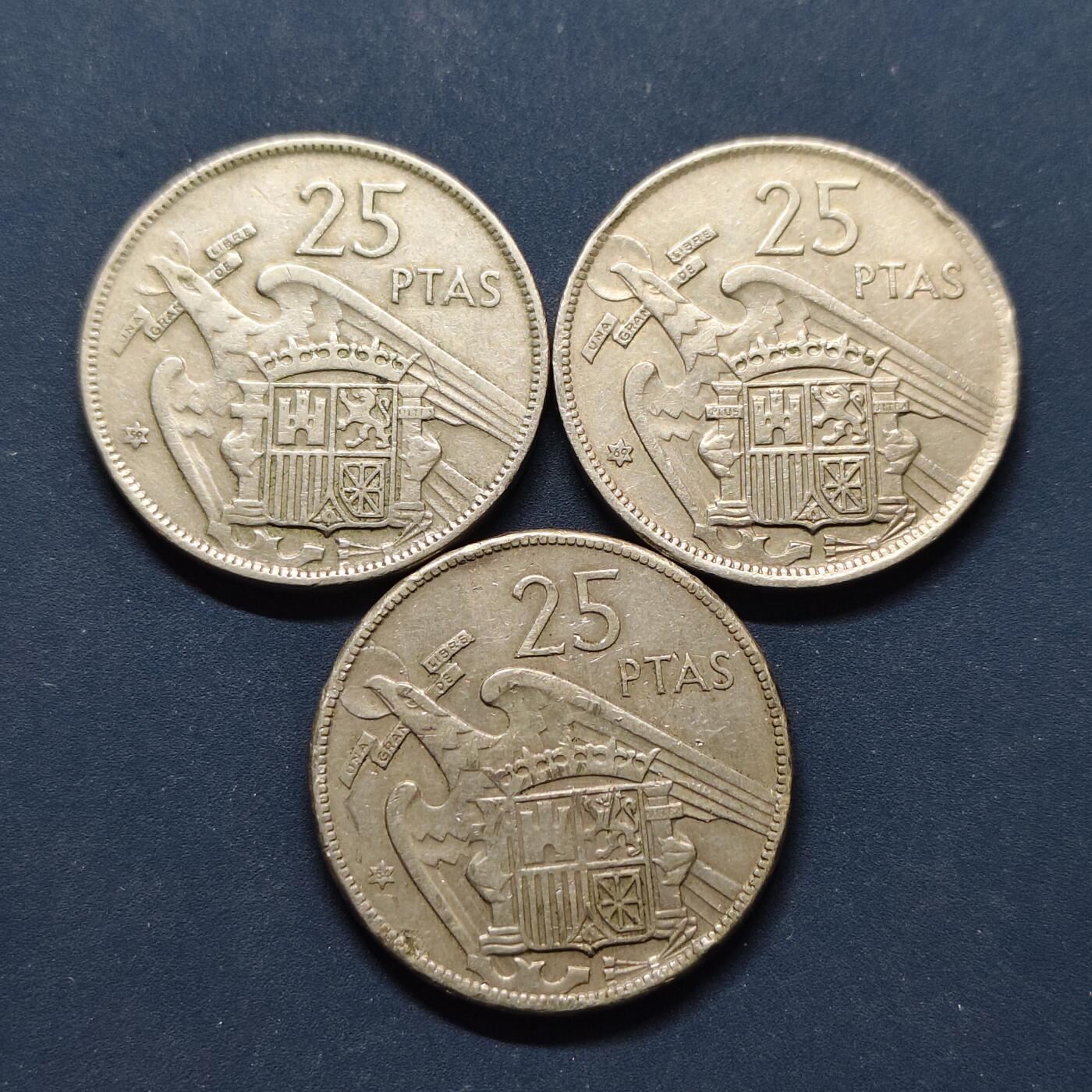 【全场包邮】纯粹捡漏拍496场-持续更新中 西班牙1957年佛朗哥25比塞塔3枚一组