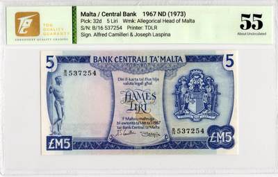 喜羊羊钱币收藏2026第13期(高性价比评级币场) - 	马耳他	P-32d 1973年5镑			55				B/16 537254			