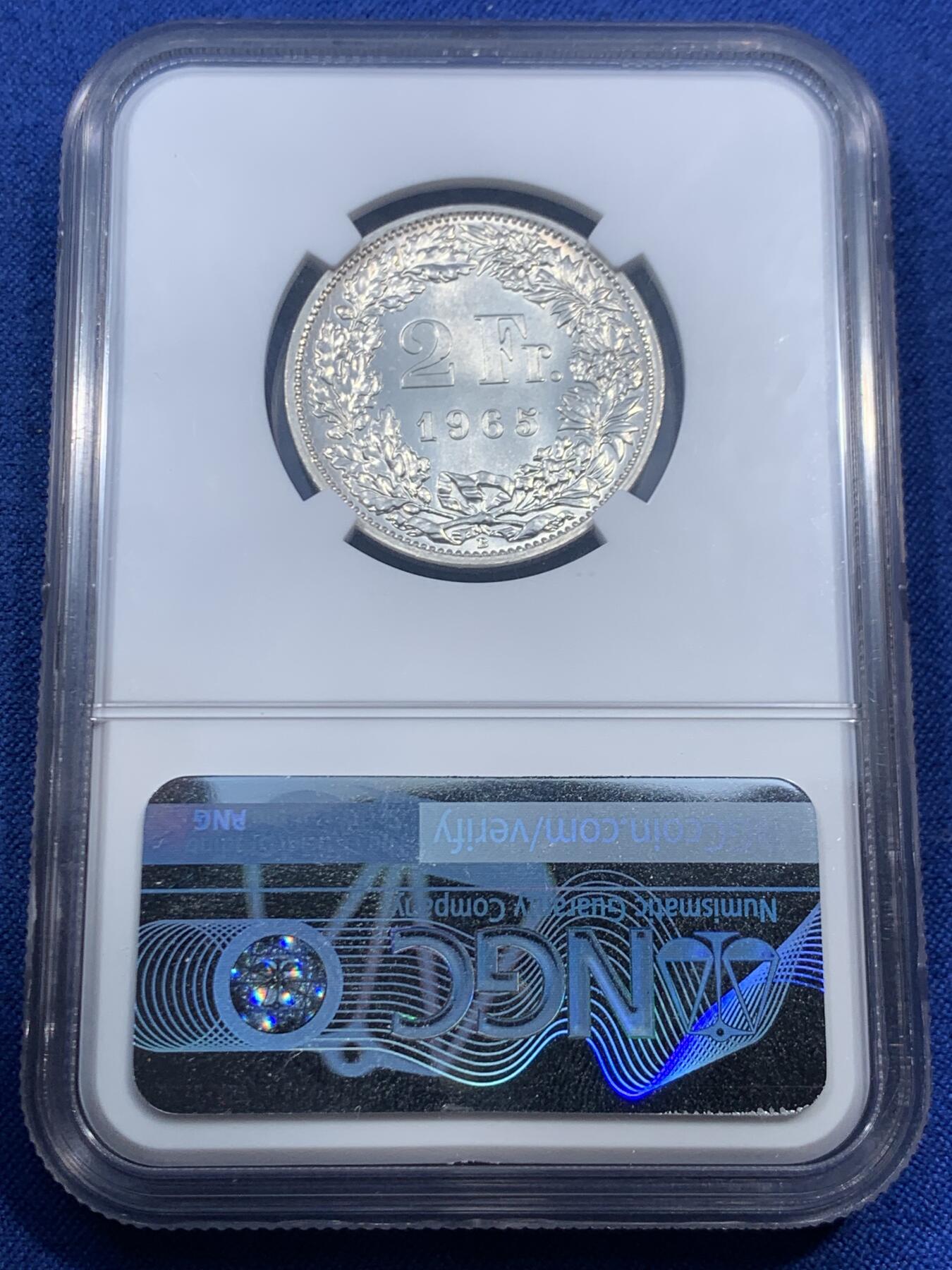 《竞宝斋》第459场 周日，周一，2场连拍 （全场包邮）欢迎送拍 两枚一组 NGC MS63 瑞士1964/1965年女神半法郎/2法郎银币