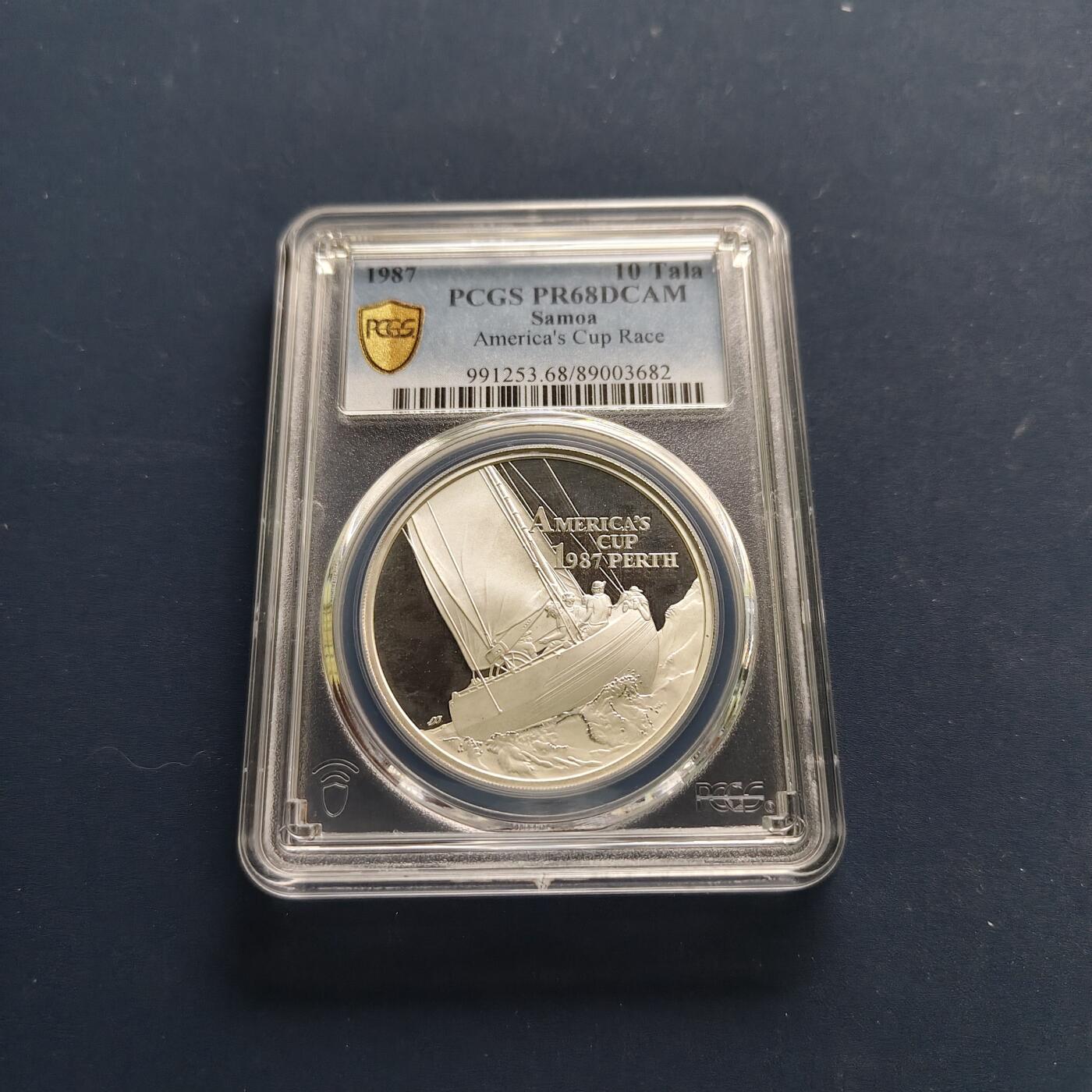 【全场包邮】纯粹捡漏拍497场-持续更新中 【收藏级·冠军分】萨摩亚1987年10塔拉美洲杯帆船赛精制纪念银币【38.61毫米31.1克99.9%】-PCG PR68 DCAM