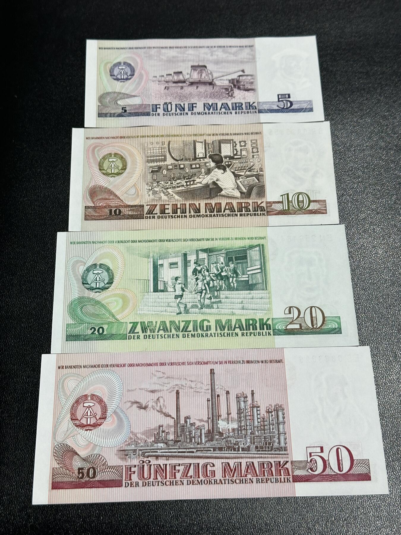 《外钞收藏家》第六百零三期（精选场）（本平台长期征集拍品、欢迎藏友们联系合作） 东德5-50马克 全新UNC 四张一起 50轻微荧光反应