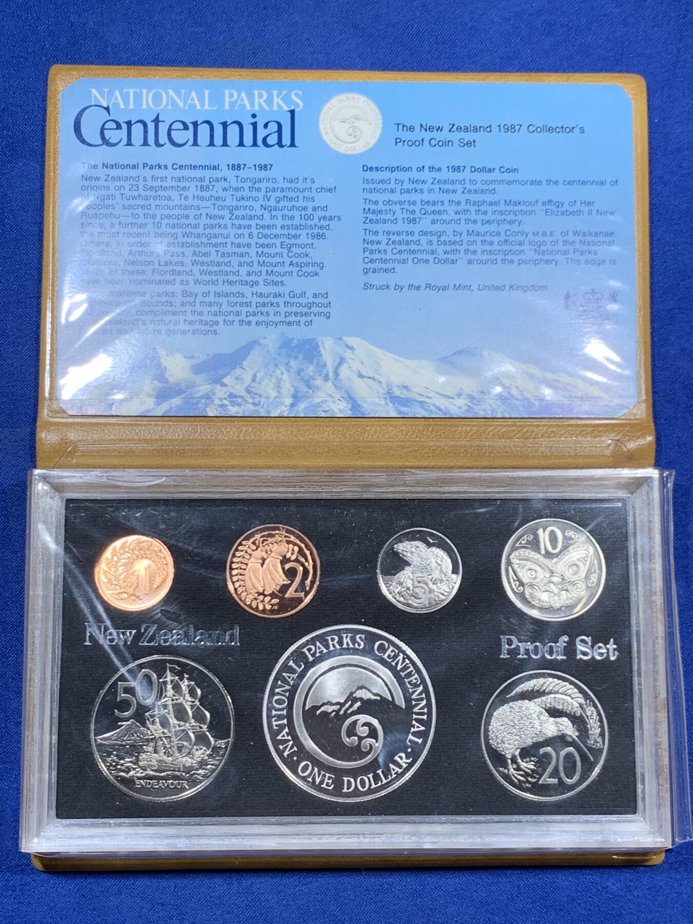 《竞宝斋》第459场 周日，周一，2场连拍 （全场包邮）欢迎送拍 新西兰1987年国家公园百年纪念精制币套装 含1元精制银币 925银 27.2克