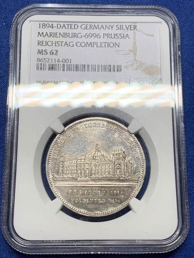《竞宝斋》第459场 周日，周一，2场连拍 （全场包邮）欢迎送拍 - NGC MS62 冠军分 德国普鲁士 1894年 国会大厦落成纪念银章，底板干净，有PL感，细节丰富，感觉低评。