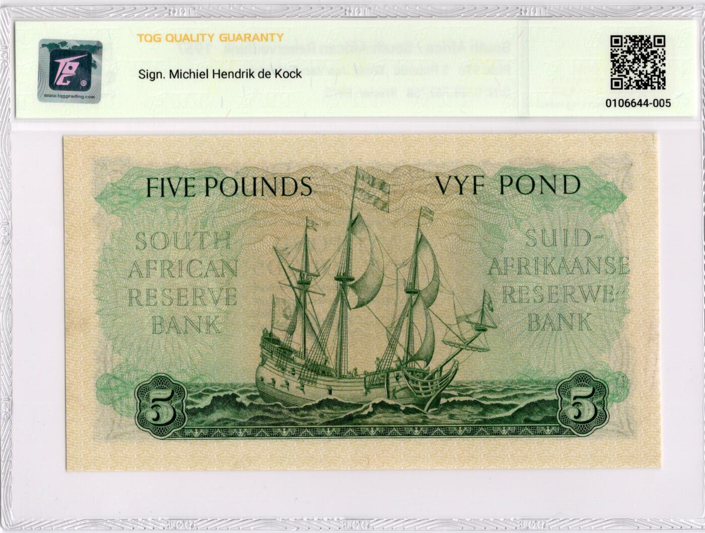 喜羊羊钱币收藏2026第13期(高性价比评级币场) 	南非	P-97c 1957年5镑		58				C/58 702768			