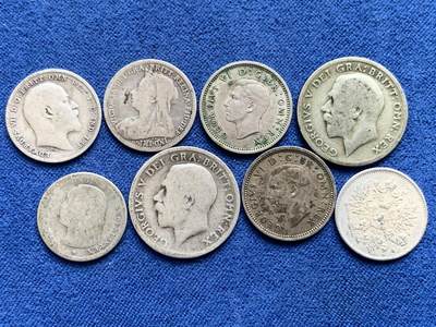 《竞宝斋》第459场 周日，周一，2场连拍 （全场包邮）欢迎送拍 - 8枚银币一组：1897萝莉10分银币1枚、1916芬兰25芬妮银币1枚好品、1898维多利亚3便士银币1枚披纱版、1902爱德华七世3便士银币1枚登基年高银、1914乔五6便士高银版1枚、1921乔五6便士银币1枚、1937乔六3便士银币1枚好品、1941乔六3便士银币1枚，共13.2克