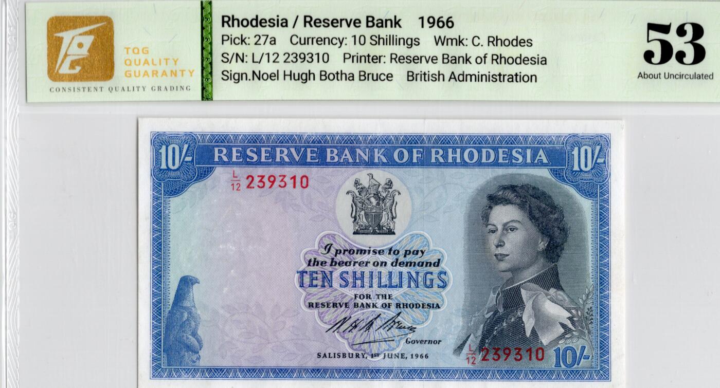 喜羊羊钱币收藏2026第13期(高性价比评级币场) 	罗得西亚	P-27a 1966年10先令		53				L/12 239310			