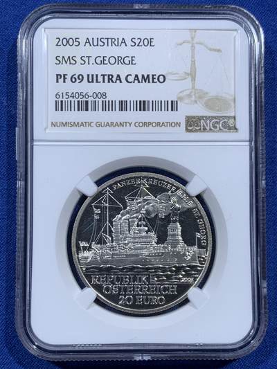 《竞宝斋》第459场 周日，周一，2场连拍 （全场包邮）欢迎送拍 - NGC PF69UC 奥地利2005年获奖银币，克劳斯最佳银币。 圣乔治号战列舰，20欧元，精制纪念银币