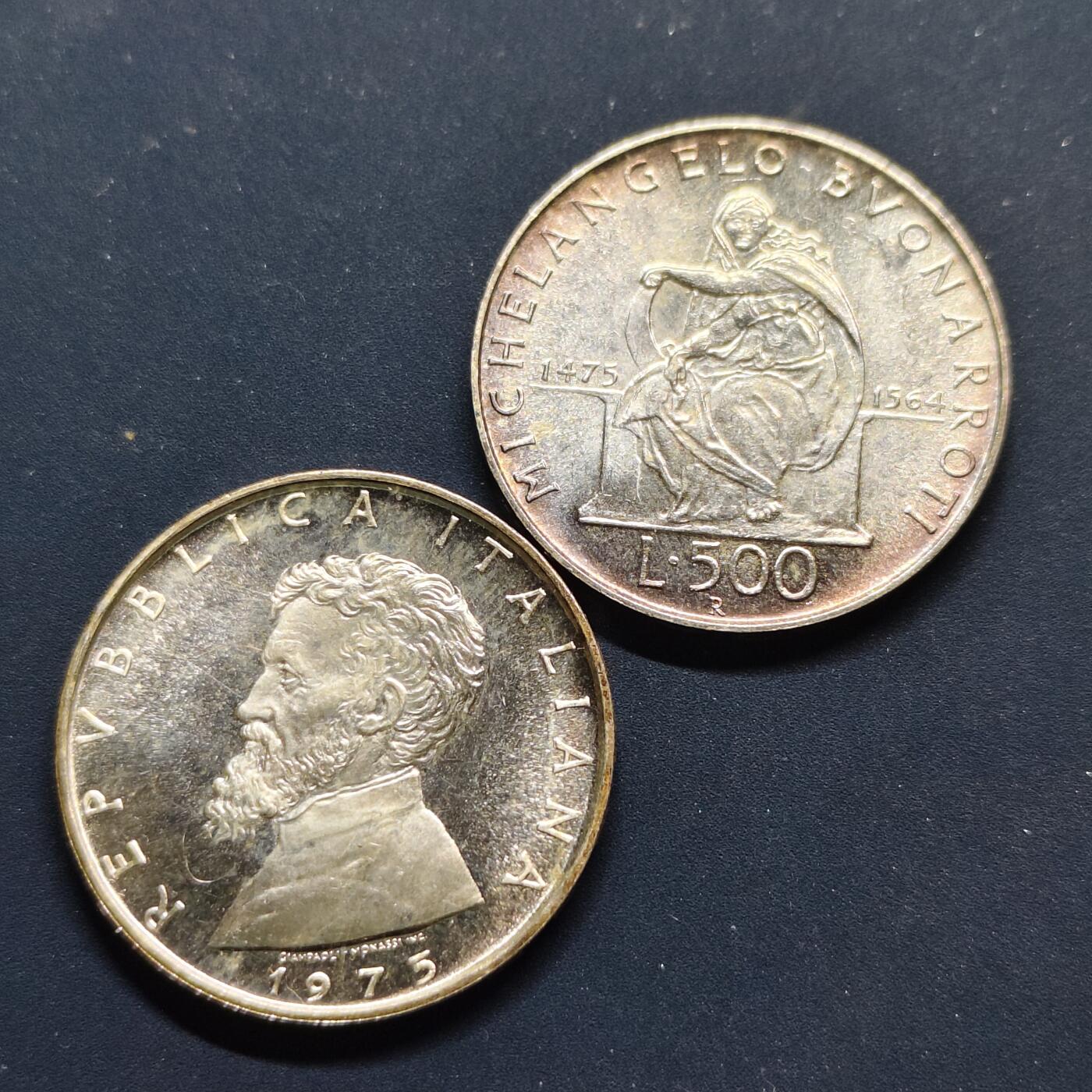【全场包邮】纯粹捡漏拍497场-持续更新中 意大利1975年500里拉米开朗基罗诞生500周年纪念银币2枚一组【29毫米11克83.5%X2枚】