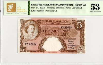 喜羊羊钱币收藏2026第13期(高性价比评级币场) - 东非	P-37 1958年5先令		53				F3 80658			