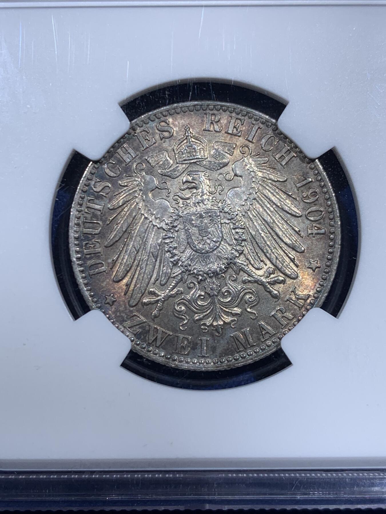 《竞宝斋》第459场 周日，周一，2场连拍 （全场包邮）欢迎送拍 NGC MS62 德国1904年不莱梅2马克银币 原光五彩 状态一流 有点严评了