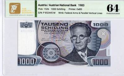 喜羊羊钱币收藏2026第14期(评级币场) - 	奥地利	P-152b 1983年1000先令			64				P852445M			