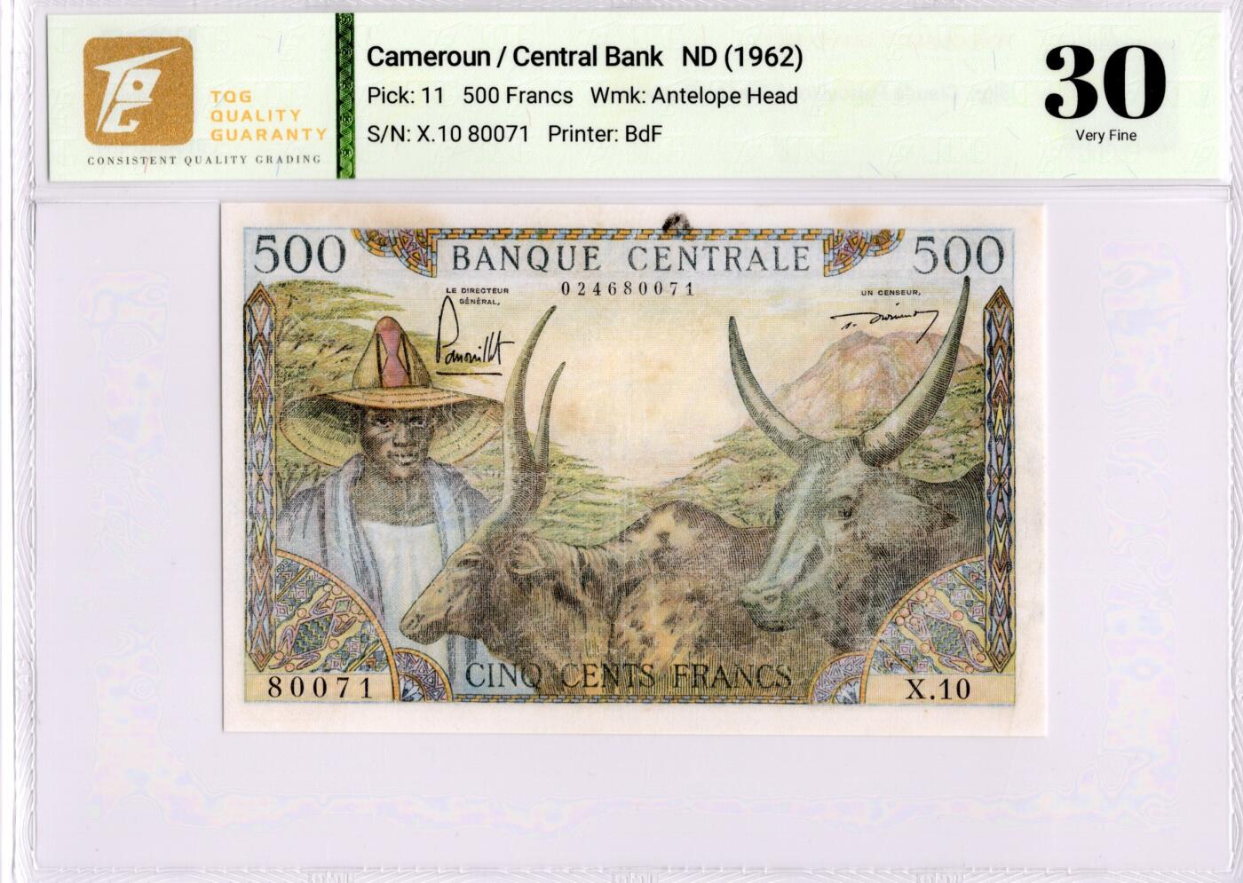 喜羊羊钱币收藏2026第13期(高性价比评级币场) 	喀麦隆	P-11 1962年500法郎		30				X.10 80071			