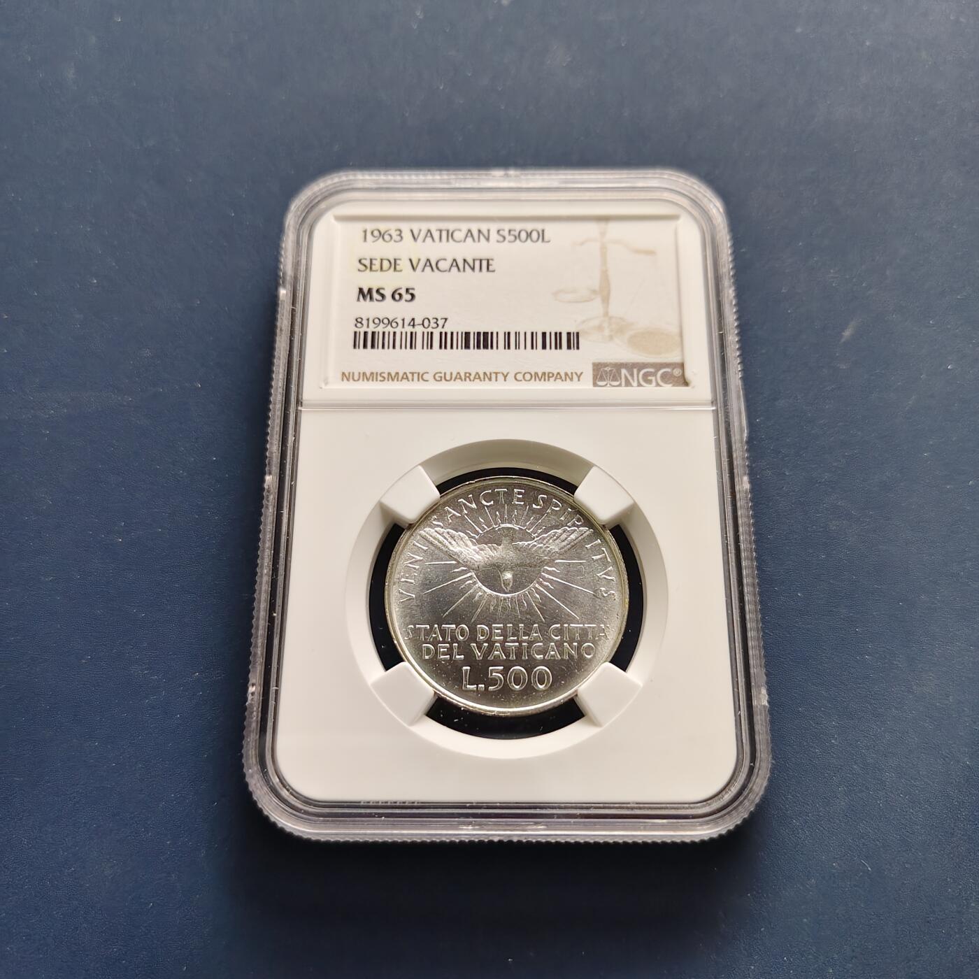 【全场包邮】纯粹捡漏拍497场-持续更新中 梵蒂冈1963年500里拉宗座从缺银币-NGC MS65