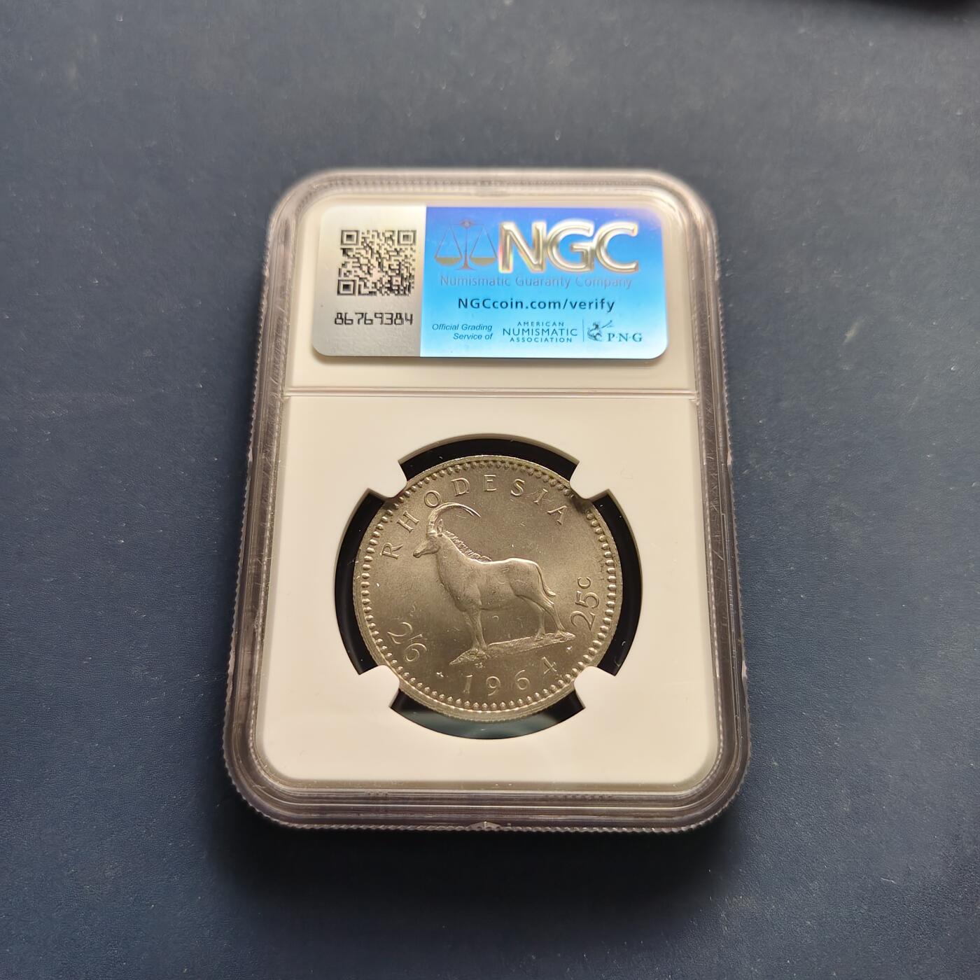 【全场包邮】纯粹捡漏拍497场-持续更新中 【收藏级·亚军分】英属罗德西亚1964年女王25分/2先令6便士双面值-NGC MS65