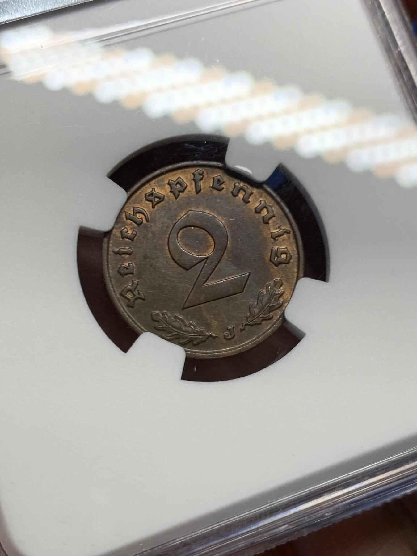 《竞宝斋》第459场 周日，周一，2场连拍 （全场包邮）欢迎送拍 NGC MS63BN 德国1938J厂2芬尼铜币，经典品种，少见一点的厂别