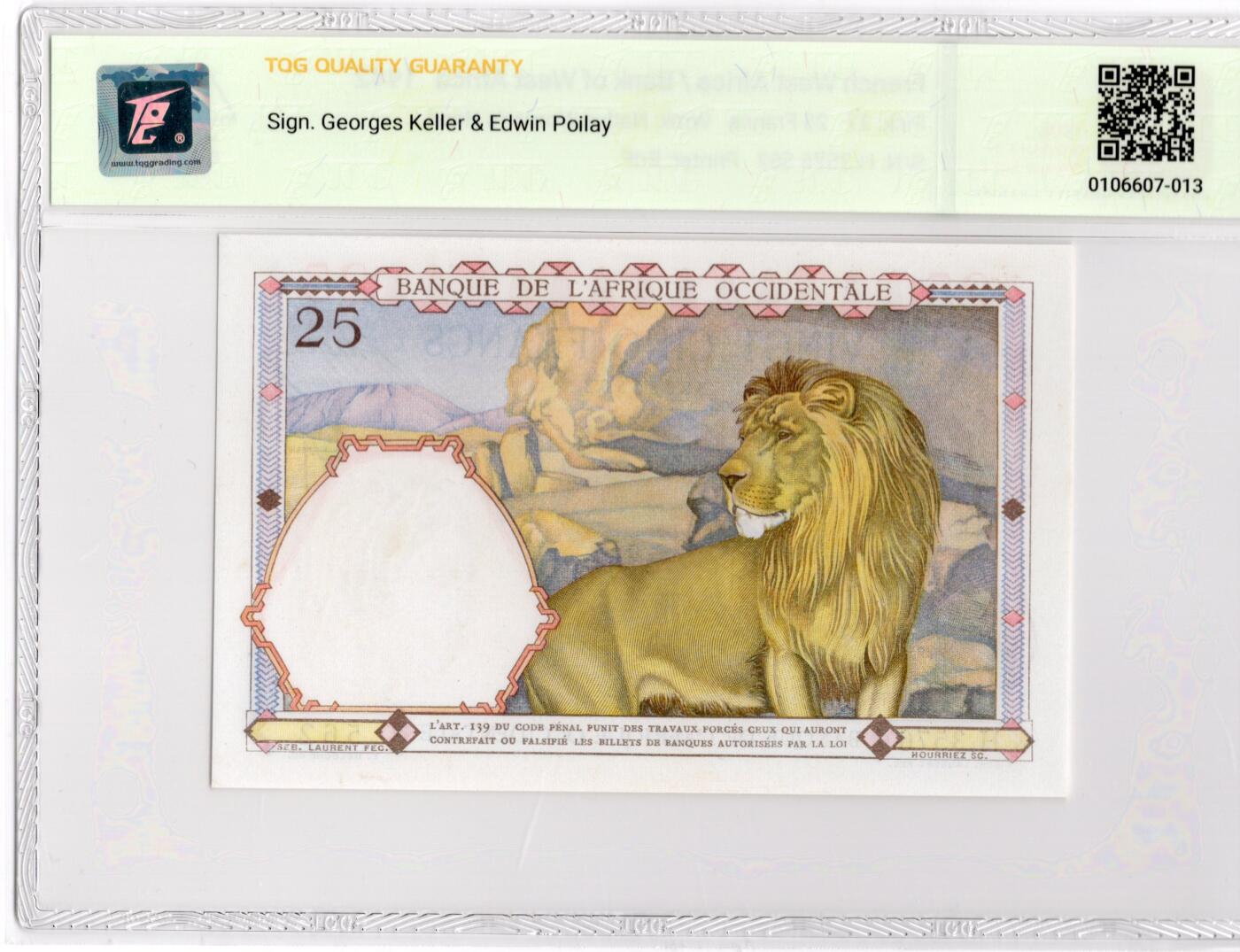 喜羊羊钱币收藏2026第13期(高性价比评级币场) 	法属西非	P-27d 1942年25法郎			40				H.3576 562			