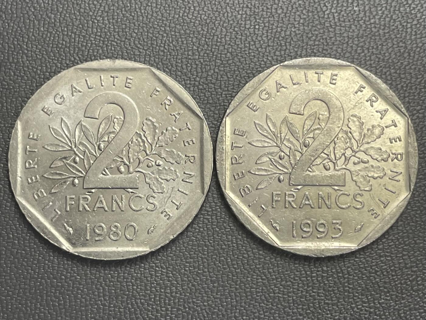 回流0120 法国2法郎两枚 1980年普通版 + 1993年让·穆兰纪念版