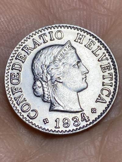 2026年第十一场(总第一百八十场）外国好品散币场(免佣金) - 少见版本原光好品–瑞士🇨🇭1934年5拉彭(第四版，纯镍材质版，B标伯尔尼造)