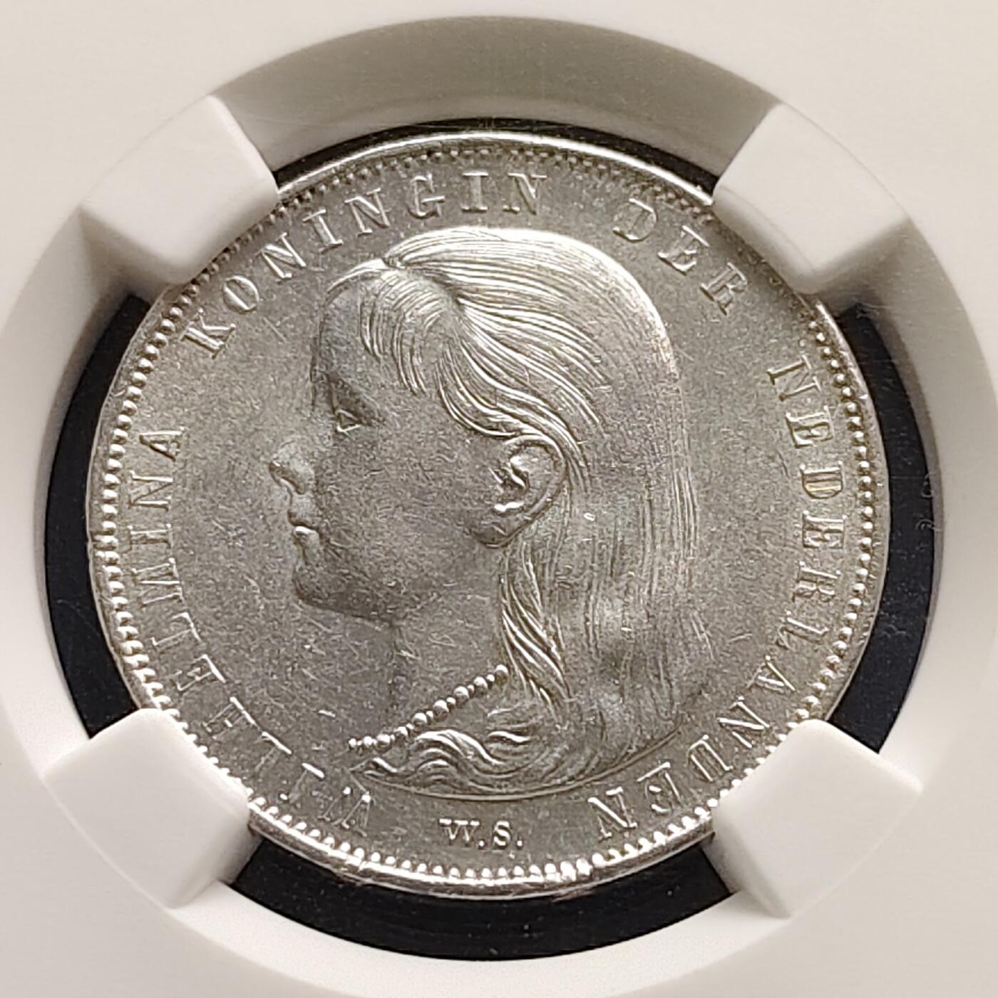 【全场包邮】纯粹捡漏拍497场-持续更新中 荷兰1897年少女威廉明娜女王1盾银币【28毫米10克94.5%】-NGC MS61