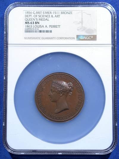 《竞宝斋》第459场 周日，周一，2场连拍 （全场包邮）欢迎送拍 - NGC MS63BN 英国1856维多利亚科学艺术铜质奖章，1863年授予Louisa Perrett。加大盒