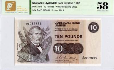喜羊羊钱币收藏2026第13期(高性价比评级币场) - 	苏格兰/克莱斯勒戴尔银行	P-207b 1980年10镑		58				D/CQ 017844			