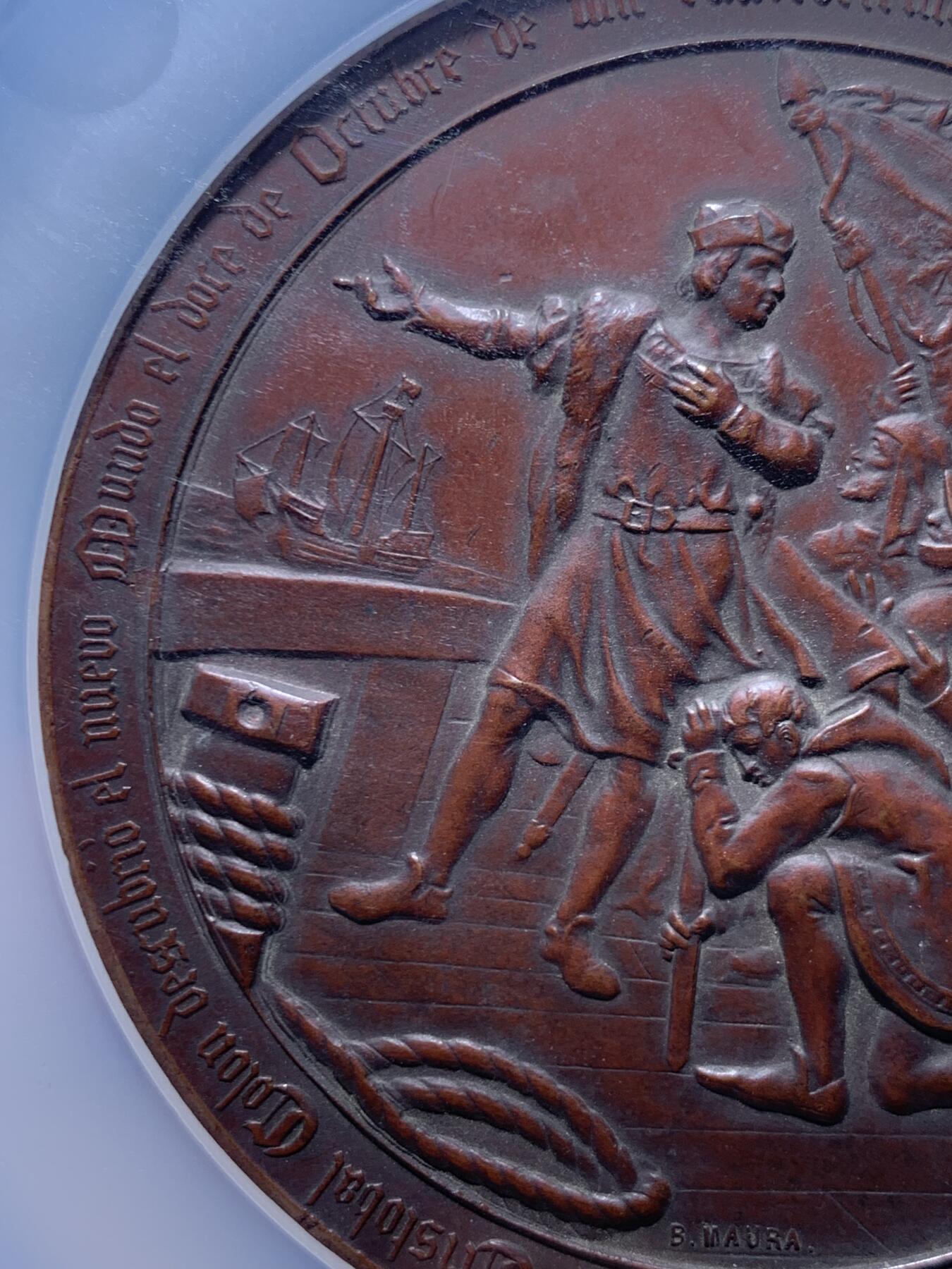 《竞宝斋》第459场 周日，周一，2场连拍 （全场包邮）欢迎送拍 NGC MS61BN 1892年 哥伦布 发现美洲纪念章 加大加厚盒装