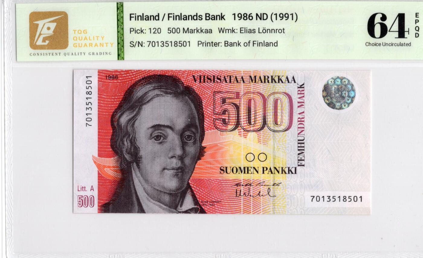 喜羊羊钱币收藏2026第14期(评级币场) 	芬兰	P-120 1986(ND1991)年500马克			64E				7013518501			