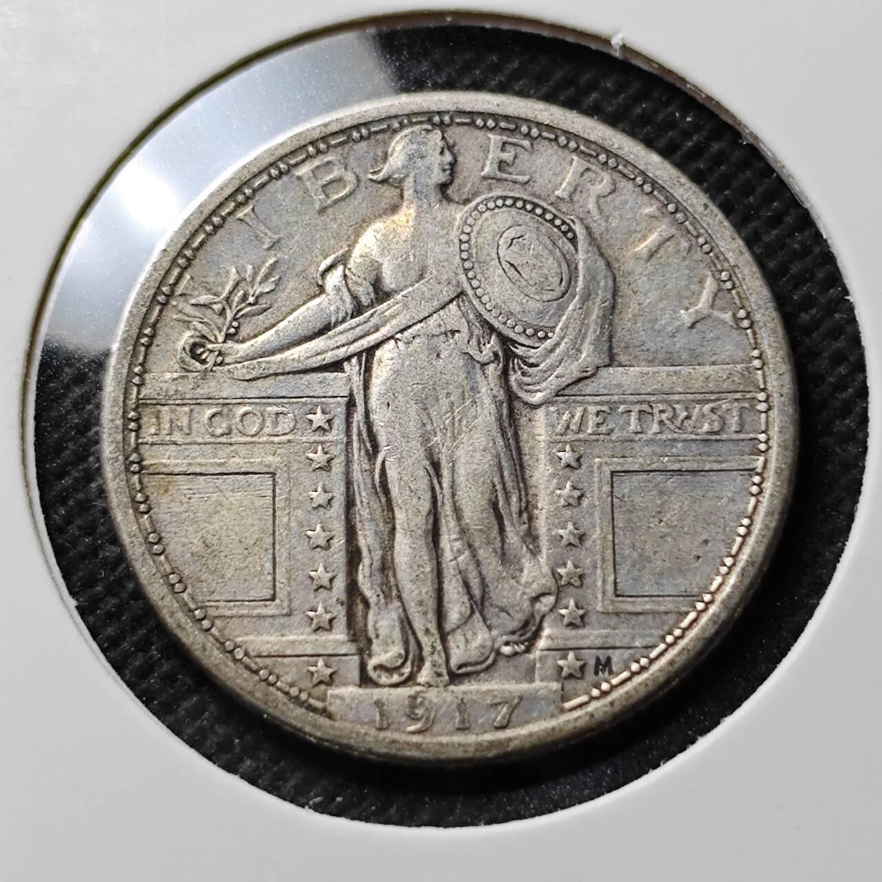 KK钱币收藏小铺  第400期  百期特拍（四拍之四）2月预留时间 周末发货  1917美国站人飞鹰25分银币 年份人脸还清楚