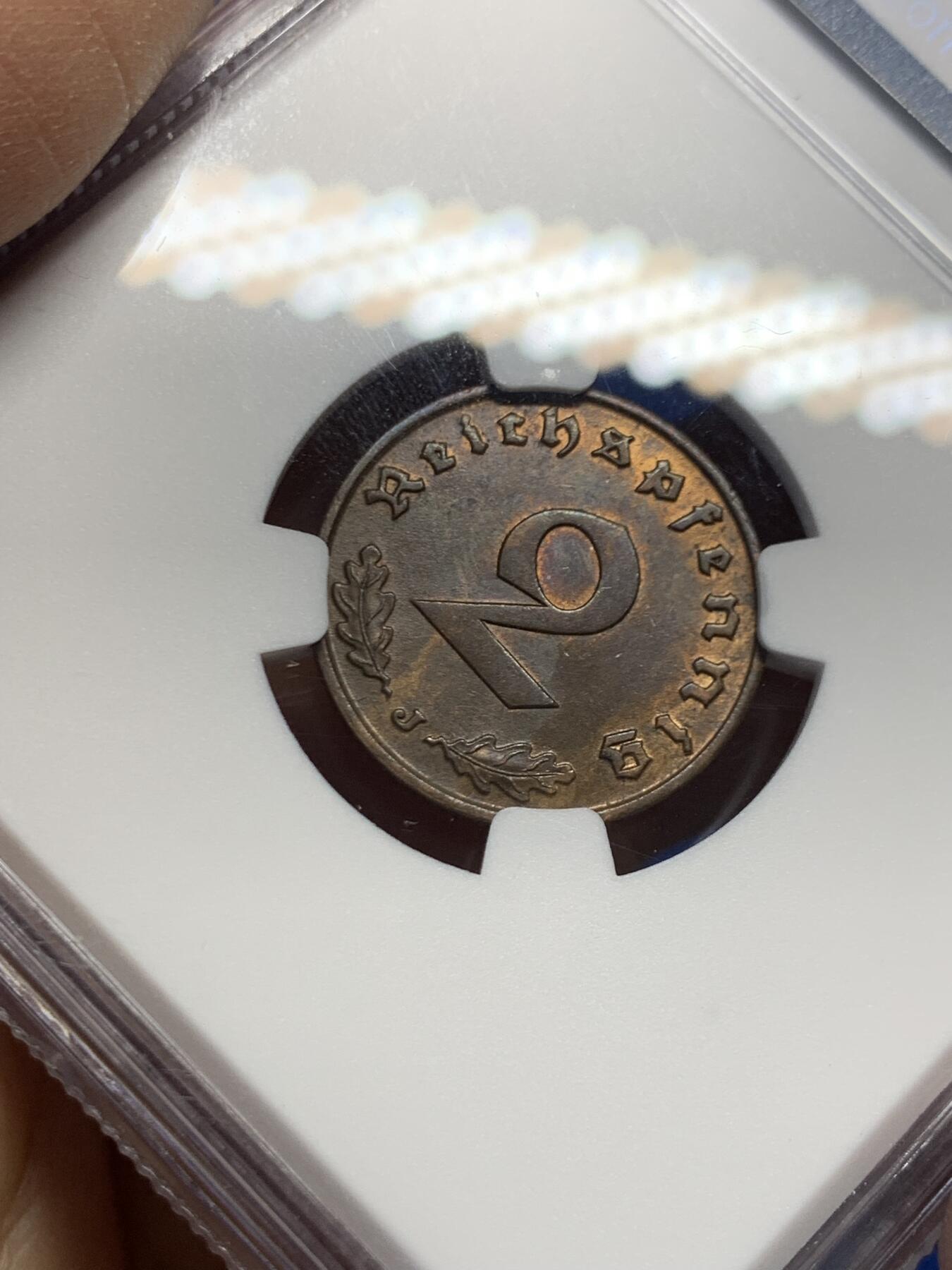 《竞宝斋》第459场 周日，周一，2场连拍 （全场包邮）欢迎送拍 NGC MS63BN 德国1938J厂2芬尼铜币，经典品种，少见一点的厂别