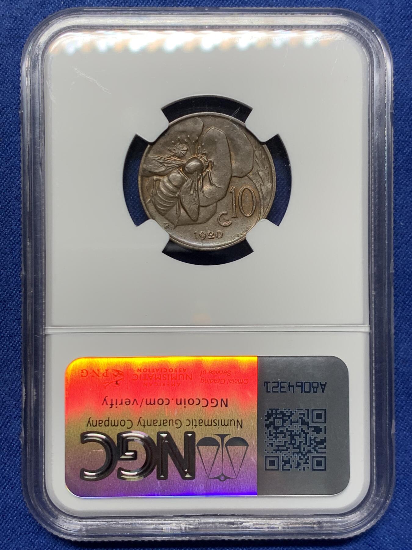 《竞宝斋》第459场 周日，周一，2场连拍 （全场包邮）欢迎送拍 NGC MS61BN 意大利小蜜蜂1920年10分，古典主义风格代表作品，极美的设计，原铜光不容易