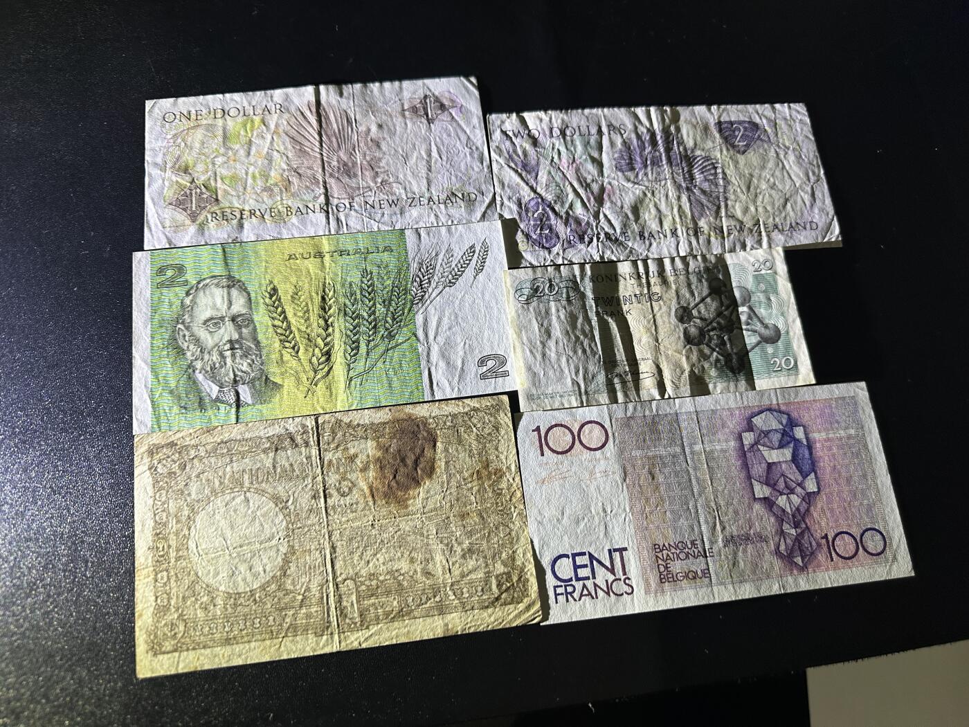 《外钞收藏家》第六百零三期（精选场）（本平台长期征集拍品、欢迎藏友们联系合作） 新西兰、澳大利亚、比利时6张一起 非全新 品相如图