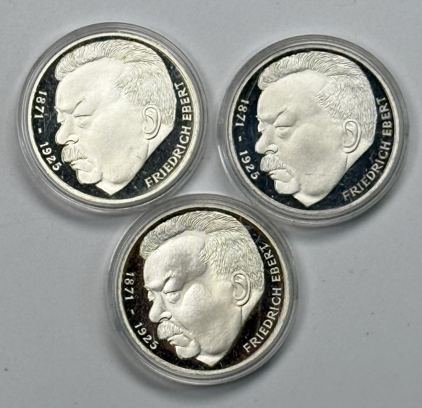 S&S Numismatic世界钱币-拍卖 第119期  3枚一起-德国1975年 弗里德里希·埃伯特逝世50周年 5马克精制纪念银币，3枚合计33.6克625银，品相如图