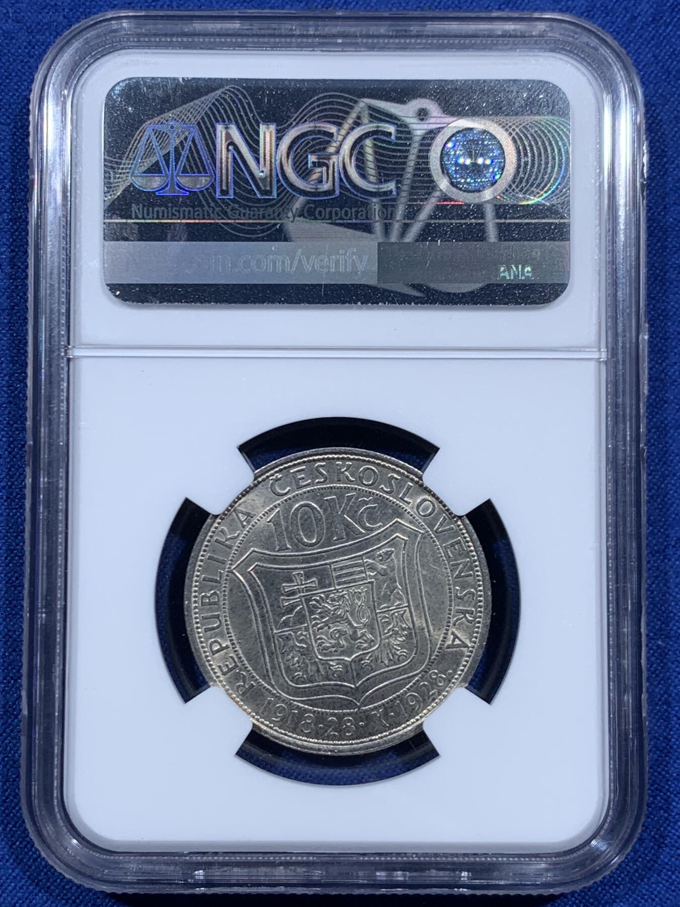 《竞宝斋》第459场 周日，周一，2场连拍 （全场包邮）欢迎送拍 NGC UNCD 捷克斯洛伐克1928年10克朗银币，可惜没出分