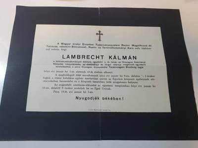 韵星假日拍卖第三十七期 -- Rimey Holidays Auction 37 - 匈牙利王国Pekar Mihaly教授旧藏 人文科學博士，大學講師，塞切尼國家圖書館館員，生物地理學和民族學客座大學講師，佩奇市國家中學教師資格考試委員會委員 卡尔曼讣告 讣告给pekar教授 其为著名匈牙利物理学家 最后一张图为其维基