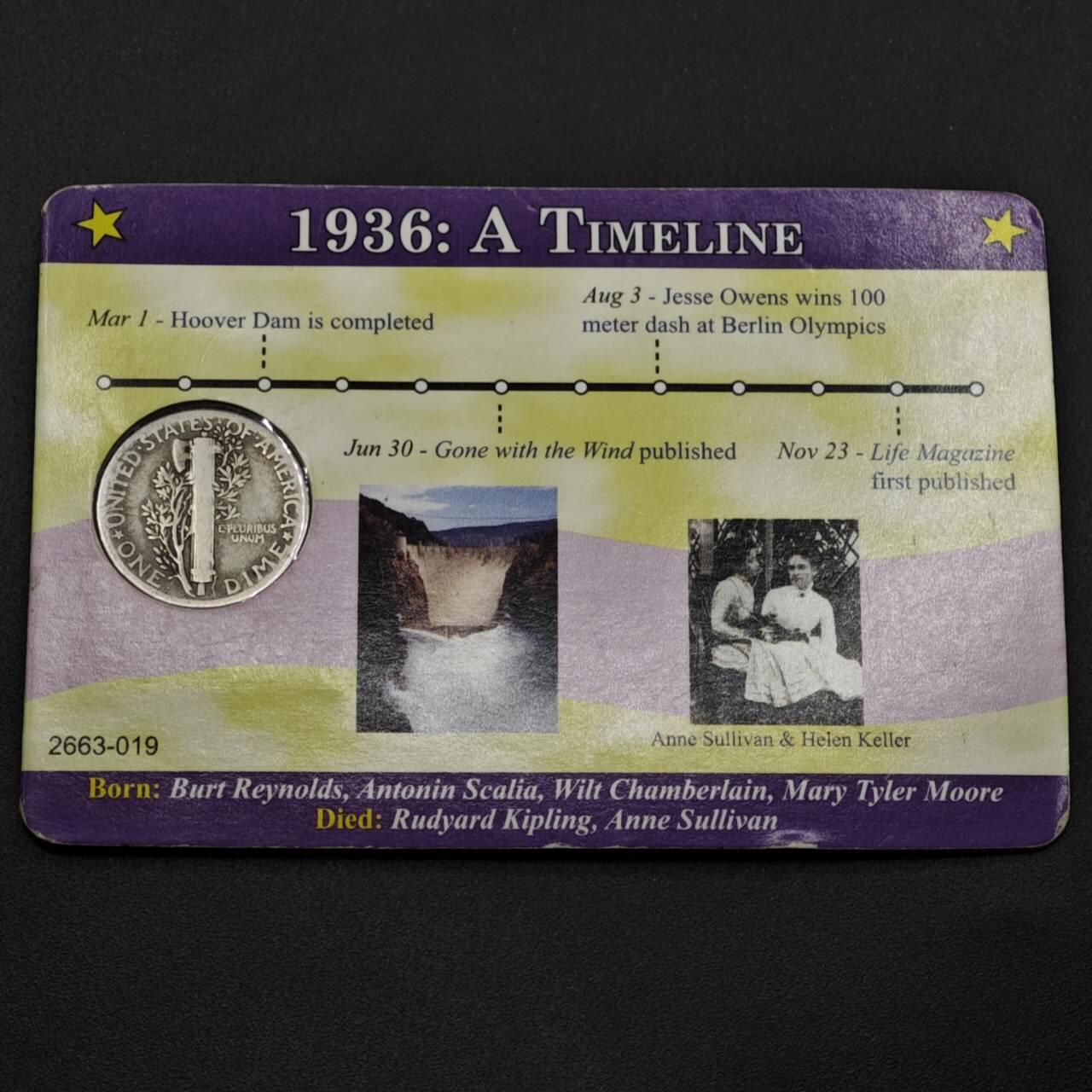 【淘币小摊】实时拍第八百五十拍   散币银币场   满百包邮可预留二周 每周一统一发货   美国1936年小飞人10分银币卡册2.5克900银参考银价48